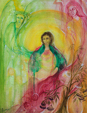 Ein gemaltes Bild welches mich umgeben von Erzengel Raphael und Maria Magdalena zeigt